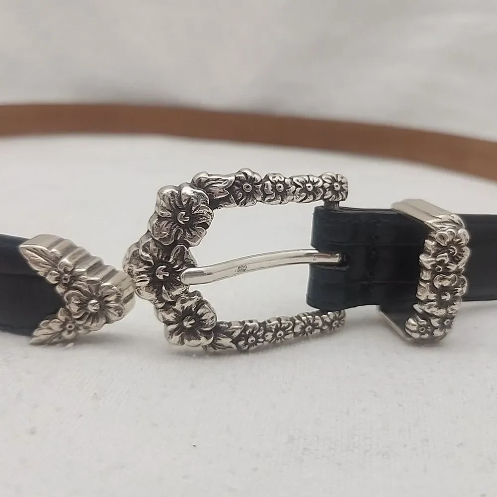 Belt Brighton Woman's Black Gator Embossed Leather Floral Roses Silver Buckle Lg